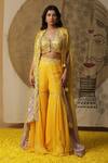 Buy_arpita sulakshana_Yellow Georgette Hand Embroidered Dori Blouse Blunt V Palazzo Cape Set _at_Aza_Fashions