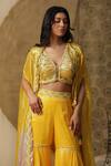 arpita sulakshana_Yellow Georgette Hand Embroidered Dori Blouse Blunt V Palazzo Cape Set _Online