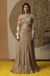 Buy_arpita sulakshana_Brown Lehenga And Blouse Cotton Embroidered Sequins Asymmetric Textured Set _Online_at_Aza_Fashions