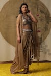 Buy_arpita sulakshana_Brown Georgette Hand Embroidered Sequins Blouse V-neck Textured Dhoti Pant Set _at_Aza_Fashions