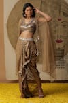 Shop_arpita sulakshana_Brown Georgette Hand Embroidered Sequins Blouse V-neck Textured Dhoti Pant Set _Online_at_Aza_Fashions