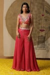 arpita sulakshana_Red Georgette Hand Embroidered Dori V-neck Textured Palazzo Set With Cape _Online_at_Aza_Fashions