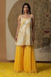 Buy_arpita sulakshana_Yellow Lining Crepe Embroidered Coins Kurta Sweetheart Palazzo Set _Online_at_Aza_Fashions