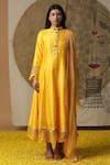 Buy_arpita sulakshana_Yellow Cotton Hand Embroidered Flower Painted Draped Dress _at_Aza_Fashions