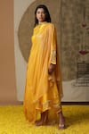 Shop_arpita sulakshana_Yellow Cotton Hand Embroidered Flower Painted Draped Dress _Online_at_Aza_Fashions