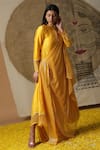 arpita sulakshana_Yellow Cotton Hand Embroidered Flower Painted Draped Dress _at_Aza_Fashions