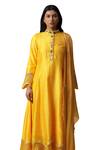 Buy_arpita sulakshana_Yellow Cotton Hand Embroidered Flower Painted Draped Dress 