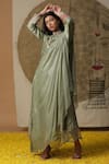 Buy_arpita sulakshana_Green Cotton Hand Embroidered Flower Attached Drape Dress _Online_at_Aza_Fashions