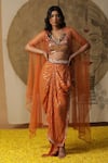 Buy_arpita sulakshana_Orange Georgette Embroidered Dori Blouse V-neck Dhoti Pant Set _at_Aza_Fashions