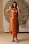 Buy_arpita sulakshana_Orange Chanderi Silk Hand Embroidered Cori Shells Round Sequins Kurta Pant Set _at_Aza_Fashions