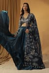 Buy_arpita sulakshana_Blue Chanderi Embroidery Mirror Halter Neck Shells Blouse And Lehenga Set _at_Aza_Fashions