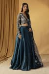 arpita sulakshana_Blue Chanderi Embroidery Mirror Halter Neck Shells Blouse And Lehenga Set _at_Aza_Fashions