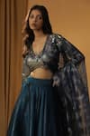 Buy_arpita sulakshana_Blue Chanderi Embroidery Mirror Halter Neck Shells Blouse And Lehenga Set 