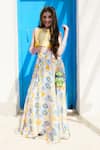 Hoity Moppet_Yellow Satin Printed Geometric Lemonade Sequin Detailed Top With Skirt _Online_at_Aza_Fashions