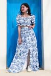 Shop_Hoity Moppet_Blue Georgette Printed Botanical Mia Pattern Top And Skirt Co-ord Set _at_Aza_Fashions