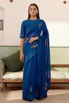 Buy_Vaayu_Blue Cotton Muslin Embroidery Thread Applique Round Floral Saree With Blouse _at_Aza_Fashions