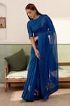 Vaayu_Blue Cotton Muslin Embroidery Thread Applique Round Floral Saree With Blouse _Online_at_Aza_Fashions