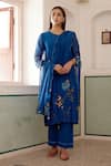 Vaayu_Blue Cotton Muslin Embroidery Thread Applique Round Flower Kurta Set _Online_at_Aza_Fashions