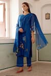 Buy_Vaayu_Blue Cotton Muslin Embroidery Thread Applique Round Flower Kurta Set _Online_at_Aza_Fashions