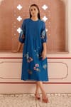 Buy_Vaayu_Blue Cotton Muslin Embroidery Thread Applique Round Floral Dress _at_Aza_Fashions