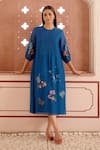 Vaayu_Blue Cotton Muslin Embroidery Thread Applique Round Floral Dress _Online_at_Aza_Fashions