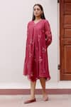 Buy_Vaayu_Red Cotton Muslin Embroidery Thread Applique V Neck Floral Asymmetric Dress _Online_at_Aza_Fashions