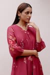 Shop_Vaayu_Red Cotton Muslin Embroidery Thread Applique V Neck Floral Asymmetric Dress _Online_at_Aza_Fashions