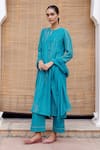 Vaayu_Blue Cotton Muslin Embroidery Kantha Stitchline Keyhole Linear Kurta Pant Set _Online_at_Aza_Fashions