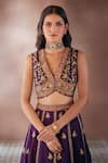 Buy_Aariyana Couture_Purple Bamber Silk Embroidered Floral Plunged V Lehenga And Blouse Set _Online_at_Aza_Fashions