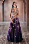 Aariyana Couture_Purple Bamber Silk Embroidered Floral Plunged V Lehenga And Blouse Set _at_Aza_Fashions