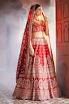 Shop_Aariyana Couture_Red Lehenga And Blouse Raw Silk Embroidered Floral Scalloped Scoop Bridal Set _Online_at_Aza_Fashions