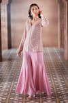 Shop_Aariyana Couture_Pink Jacket Net Hand Embroidered Pearl Work V Neck Sharara Set _Online_at_Aza_Fashions