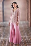 Aariyana Couture_Pink Jacket Net Hand Embroidered Pearl Work V Neck Sharara Set _at_Aza_Fashions