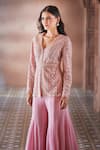 Shop_Aariyana Couture_Pink Jacket Net Hand Embroidered Pearl Work V Neck Sharara Set _at_Aza_Fashions