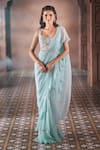 Buy_Aariyana Couture_Blue Chiffon Hand Embroidered Floral Scoop Pre-draped Ruffle Saree With Blouse _at_Aza_Fashions