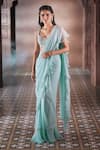 Buy_Aariyana Couture_Blue Chiffon Hand Embroidered Floral Scoop Pre-draped Ruffle Saree With Blouse _Online_at_Aza_Fashions