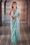 Shop_Aariyana Couture_Blue Chiffon Hand Embroidered Floral Scoop Pre-draped Ruffle Saree With Blouse _Online_at_Aza_Fashions