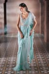 Aariyana Couture_Blue Chiffon Hand Embroidered Floral Scoop Pre-draped Ruffle Saree With Blouse _at_Aza_Fashions