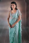 Shop_Aariyana Couture_Blue Chiffon Hand Embroidered Floral Scoop Pre-draped Ruffle Saree With Blouse _at_Aza_Fashions