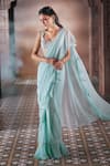 Buy_Aariyana Couture_Blue Chiffon Hand Embroidered Floral Scoop Pre-draped Ruffle Saree With Blouse _Online