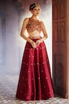 Buy_Aariyana Couture_Maroon Bamber Silk Embroidered Floral Closed Round Neck Skirt And Blouse Set _at_Aza_Fashions