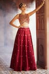 Buy_Aariyana Couture_Maroon Bamber Silk Embroidered Floral Closed Round Neck Skirt And Blouse Set _Online_at_Aza_Fashions