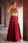 Shop_Aariyana Couture_Maroon Bamber Silk Embroidered Floral Closed Round Neck Skirt And Blouse Set _Online_at_Aza_Fashions