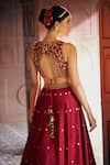 Aariyana Couture_Maroon Bamber Silk Embroidered Floral Closed Round Neck Skirt And Blouse Set _at_Aza_Fashions