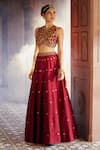 Buy_Aariyana Couture_Maroon Bamber Silk Embroidered Floral Closed Round Neck Skirt And Blouse Set 