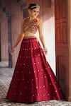 Shop_Aariyana Couture_Maroon Bamber Silk Embroidered Floral Closed Round Neck Skirt And Blouse Set 