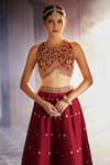 Aariyana Couture_Maroon Bamber Silk Embroidered Floral Closed Round Neck Skirt And Blouse Set _Online