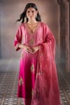 Shop_Aariyana Couture_Pink Kurta And Pant Bamber Silk Embroidered Floral Buttis Scalloped V Ombre Set _at_Aza_Fashions