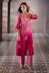 Aariyana Couture_Pink Kurta And Pant Bamber Silk Embroidered Floral Buttis Scalloped V Ombre Set _at_Aza_Fashions