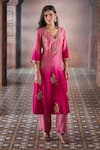 Buy_Aariyana Couture_Pink Kurta And Pant Bamber Silk Embroidered Floral Buttis Scalloped V Ombre Set 